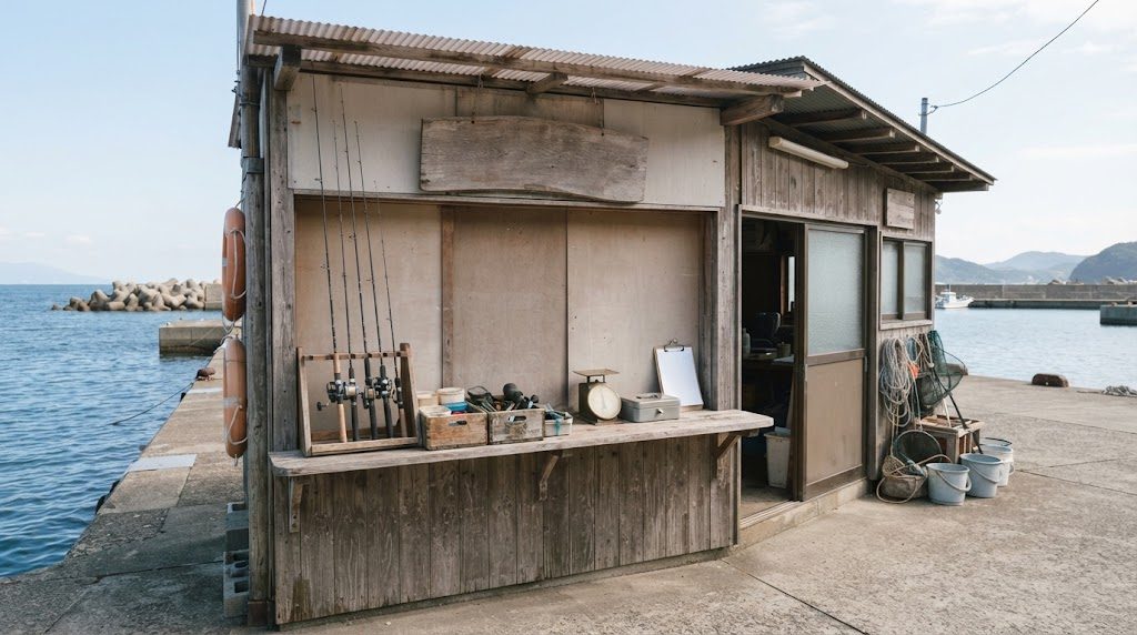 海釣り施設の屋根付きの小さな受付・売店。木のカウンターにレンタル用の竿が立てかけられ、手前にバケツやロープが置かれている