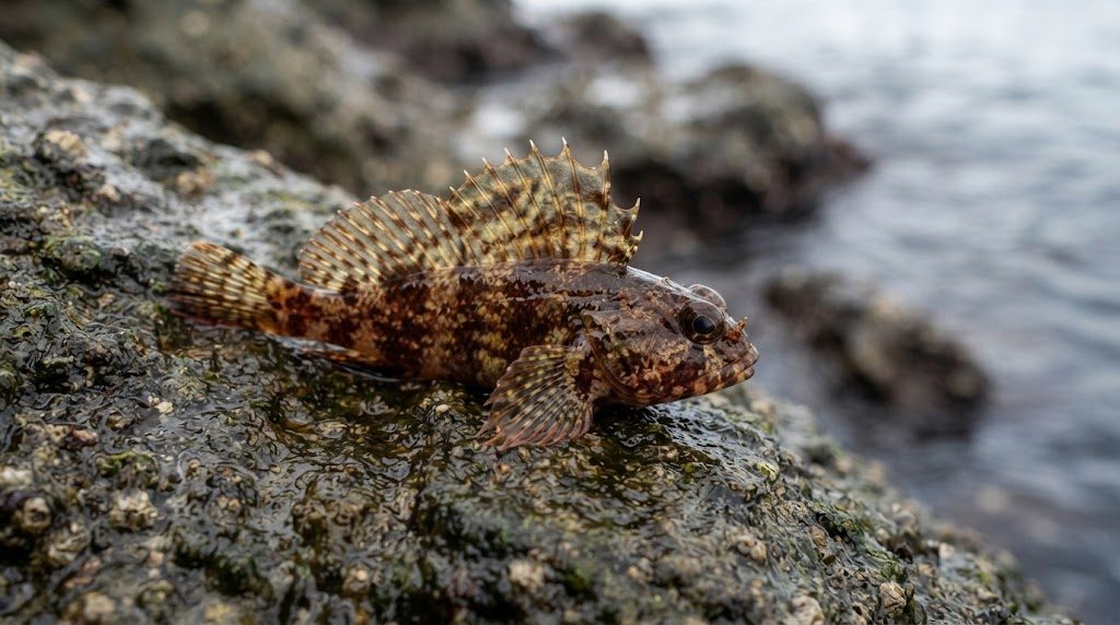 背びれのトゲを高く広げた、茶褐色のまだら模様の小さな魚(ハオコゼのように背びれが目立つ魚)が、濡れた岩の上にいる様子