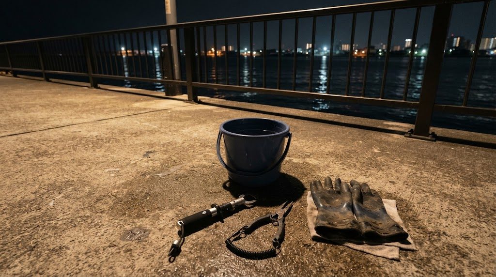 夜の堤防で、水の入ったバケツ、フィッシュグリップ、ペンチ、ゴム手袋が置かれている様子
