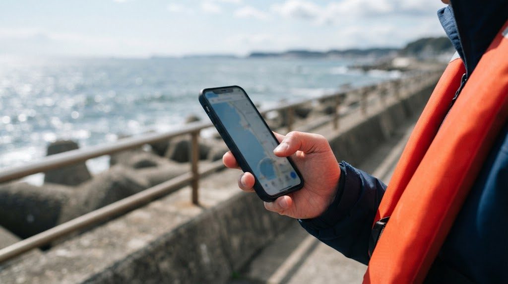 スマートフォンの地図アプリで海沿いの地形を見ている手元。背景に柵とテトラポッドのある堤防が見える