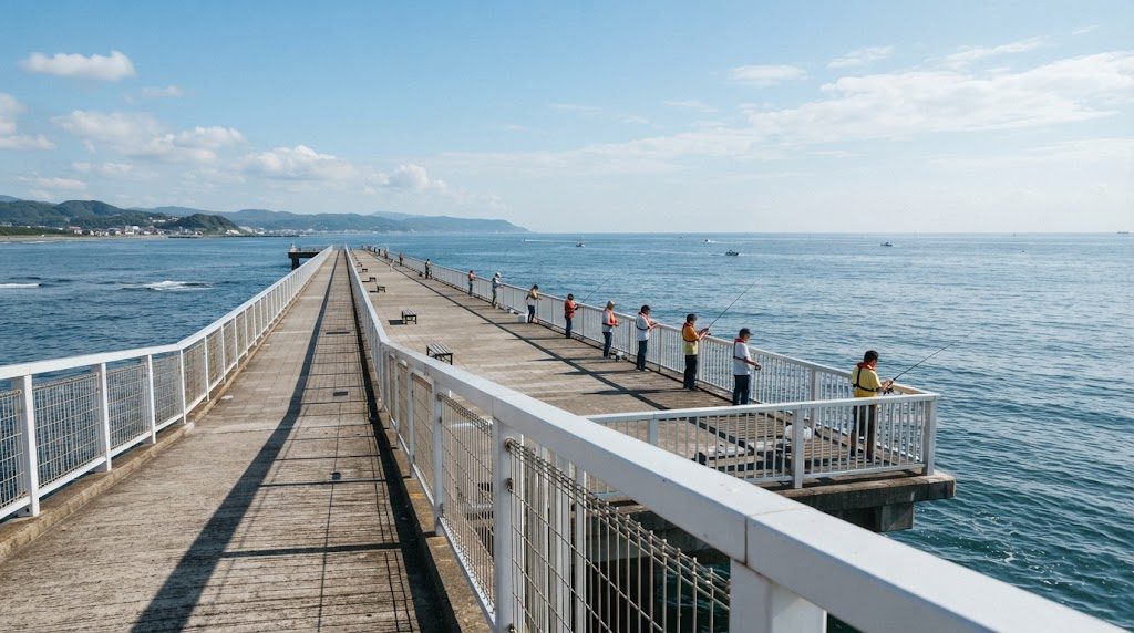 晴れた日の海釣り施設の長い桟橋。白い柵の内側にライフジャケット姿の釣り人が並んで海に向かっている