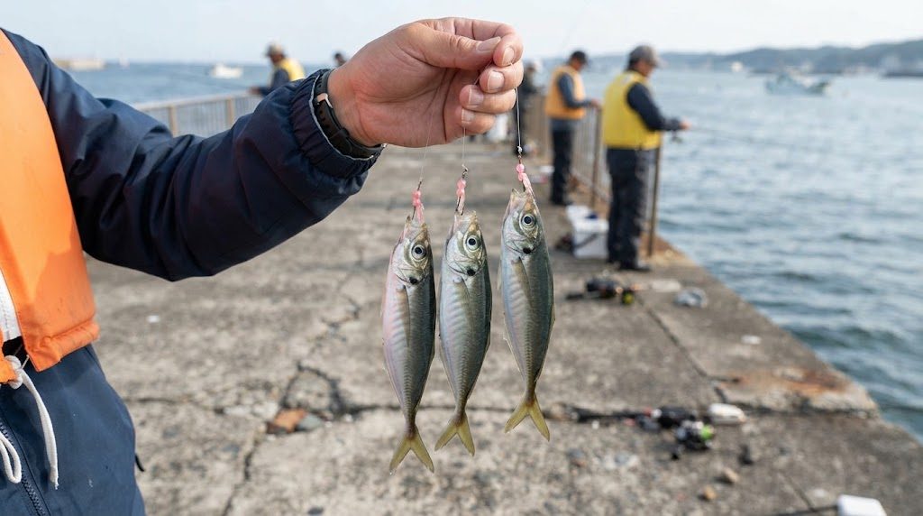サビキ仕掛けに掛かった小さなアジ3匹を手に持って見せている。細長い体、青緑の背と銀白色の腹、大きな目が特徴
