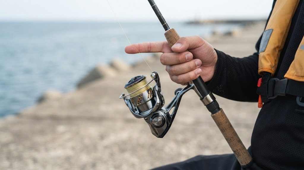 人差し指に釣り糸をかけ、スピニングリールのベールを起こして投げる準備をしている手元