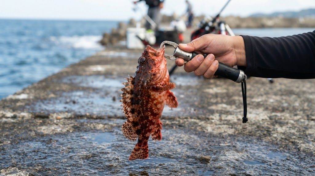 海水と海藻で濡れて黒ずんだ消波ブロックが積み重なった風景。足場が不揃いで滑りやすそうで、人は写っていない