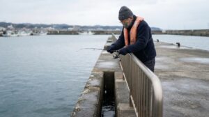 冬の曇り空の下、平らな堤防の柵の内側で、ライフジャケット姿の人が短い竿でブラクリ仕掛けを足元のすき間へ落としている様子