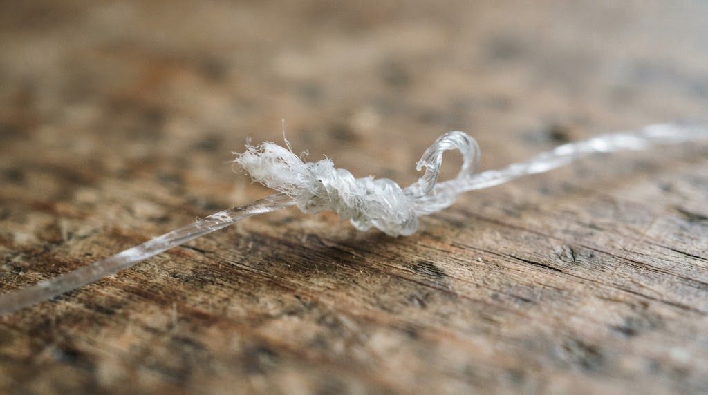 結び目が白っぽく縮れて傷んでいる、失敗した結び目の接写