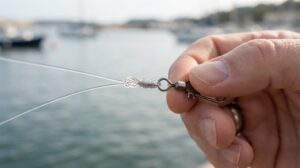 釣り糸をスナップ付きの金具に結んだ結び目を、指でつまんで見せている接写