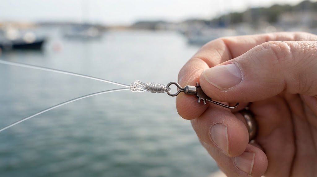 釣り糸をスナップ付きの金具に結んだ結び目を、指でつまんで見せている接写