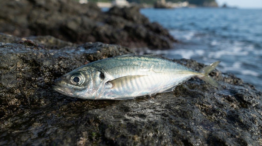 側線のある細身のマアジが、濡れた黒い岩の上に置かれている様子