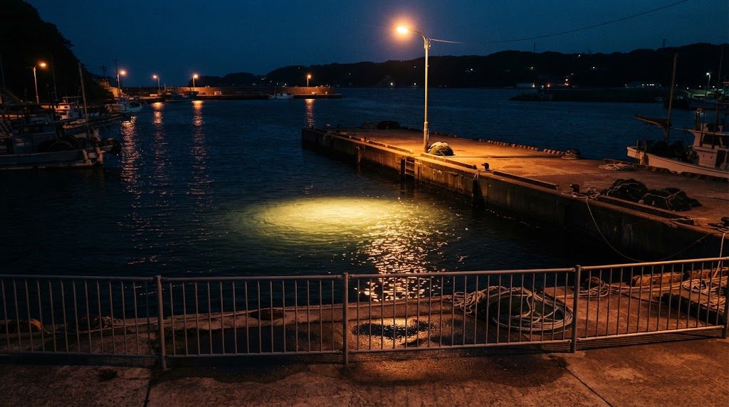 夜の漁港で、常夜灯が水面を丸く明るく照らし、周りの暗い水面との明暗の境目ができている様子