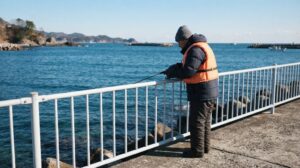 冬の晴れた日の昼、防寒着の上にライフジャケットを着けた人が、柵の内側から短い竿で足元の海を見ている様子