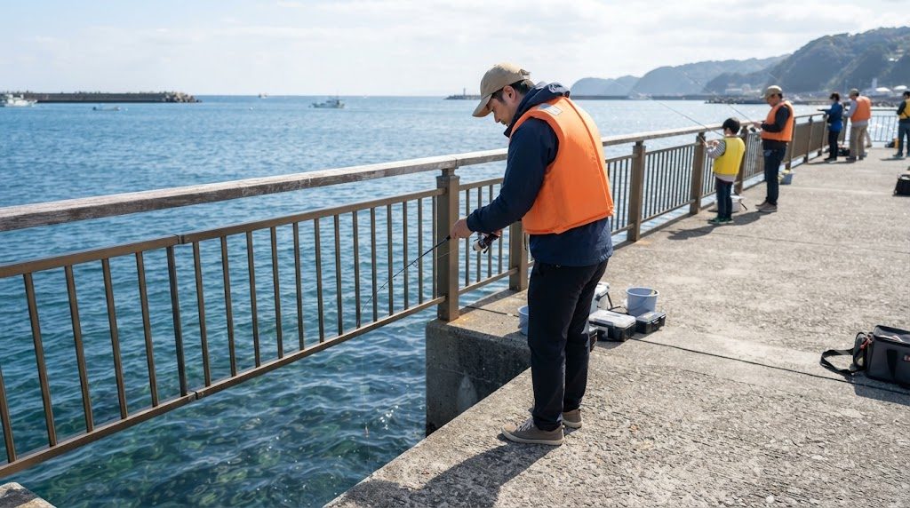 晴れた朝の海釣り施設の柵の内側で、ライフジャケットを着た初心者の大人が足元の海面へサビキ仕掛けをそっと落としている様子