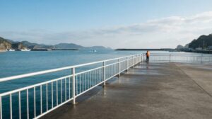 晴れた朝の海釣り施設で、柵の内側の平らな桟橋に立ち、遠くの海を向く釣り人が小さく写る風景