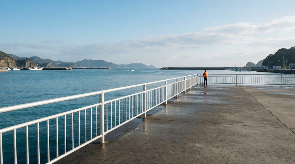 晴れた朝の海釣り施設で、柵の内側の平らな桟橋に立ち、遠くの海を向く釣り人が小さく写る風景